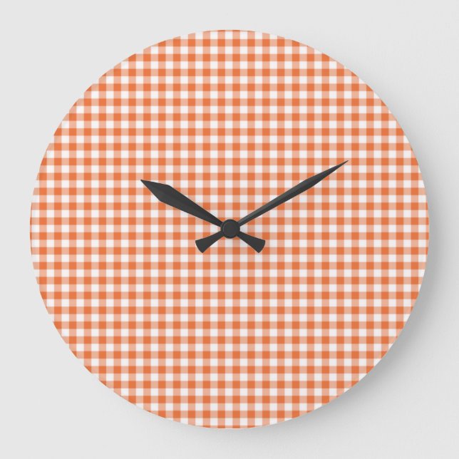 Wall Clock, Orange und White Karo Gingham Große Wanduhr (Vorderseite)