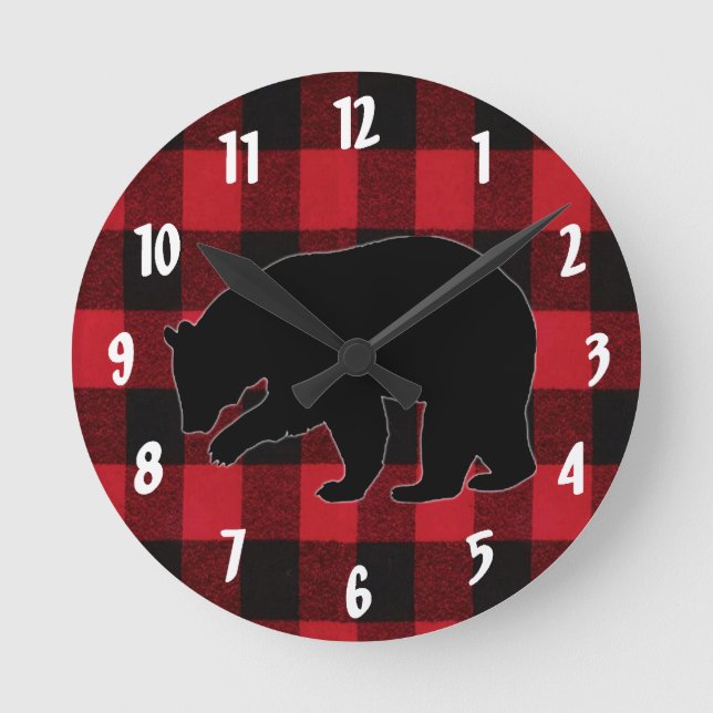 Wall Clock Red Buffalo Kariert Bär Schwarz Runde Wanduhr (Vorderseite)