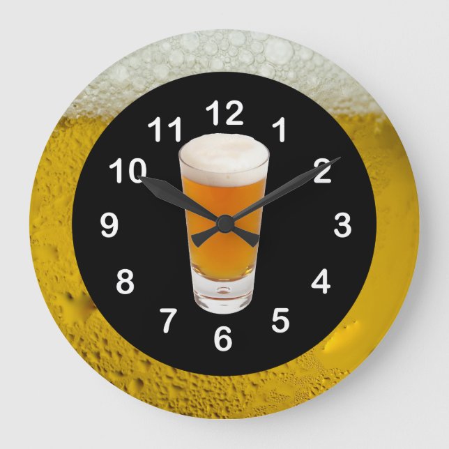 Wall Clock Schwarzes Gold Die Zeit ist Bier O'Cloc Große Wanduhr (Vorderseite)