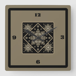 Wall Clock Sepia Medallien auf schwarz Quadratische Wanduhr