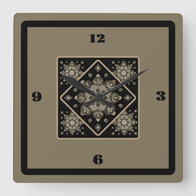 Wall Clock Sepia Medallien auf schwarz Quadratische Wanduhr (Vorderseite)