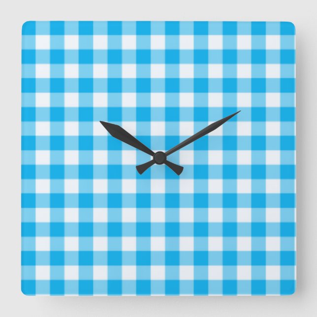 Wall Clock, Türkis Blau und Weiß Karo Gingham Quadratische Wanduhr (Vorderseite)