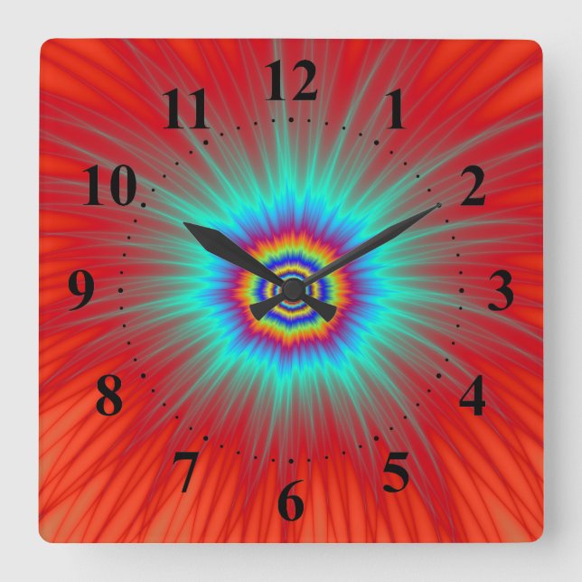 Wall Clock   Turquoise Explosion on Red Quadratische Wanduhr (Vorderseite)