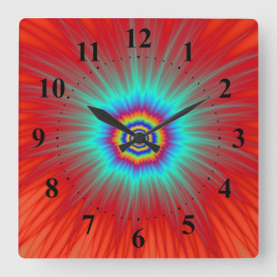 Wall Clock   Turquoise Explosion on Red Quadratische Wanduhr