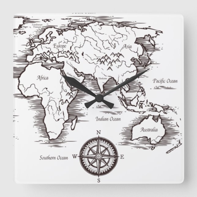 Wall Clock - Weltkarte Afrika Europa AU NZ Asien Quadratische Wanduhr (Vorderseite)