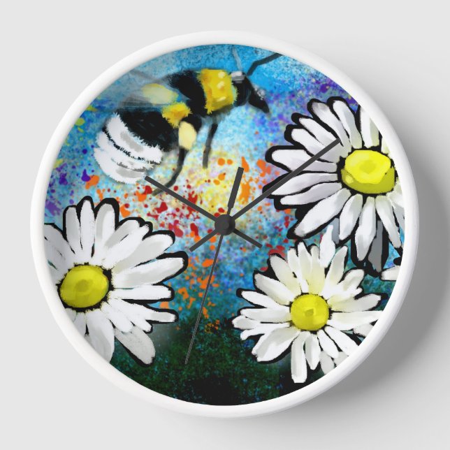 Wall Clock - Whimsical Bumble Bee & Daisis Uhr (Vorderseite)