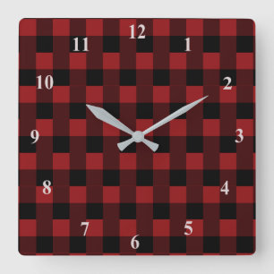 Wall Clock with Black Red Checked Quadratische Wanduhr