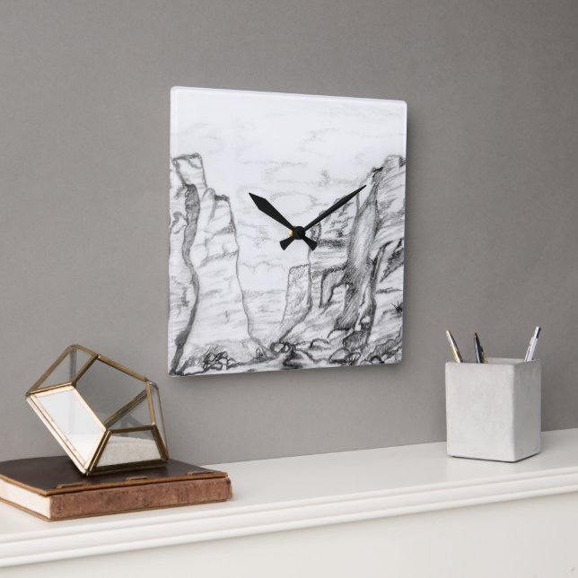 Wall Clock with canyon sketched in black and white Quadratische Wanduhr (Büro)
