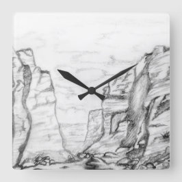 Wall Clock with canyon sketched in black and white Quadratische Wanduhr