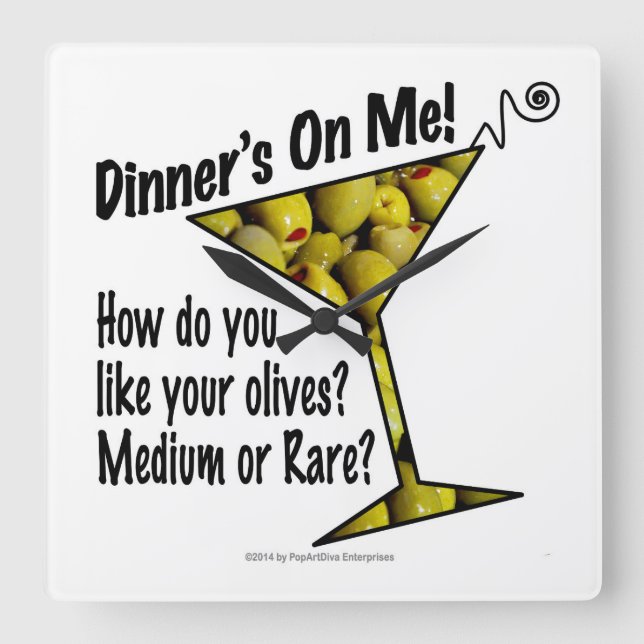 WALL CLOCKS Dinner! Oliven? Mittel oder selten? Quadratische Wanduhr (Vorderseite)