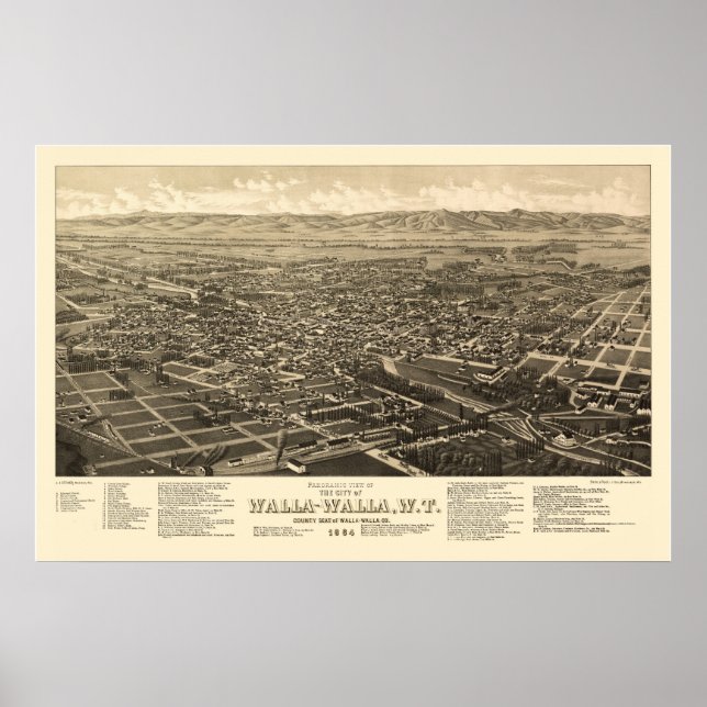 Walla Walla, WA Panorama Karte - 1884 Poster (Vorne)