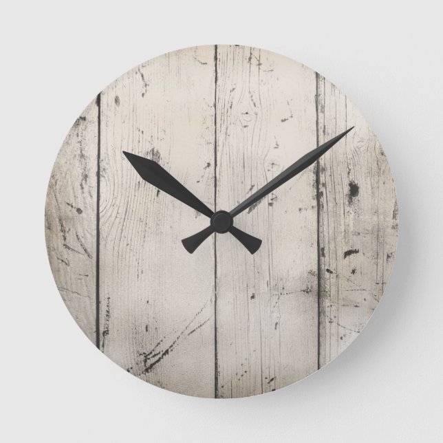 WALLP AUS WEISS-WASCHTEXTURIERTEM HOLZ RUNDE WANDUHR (Vorderseite)