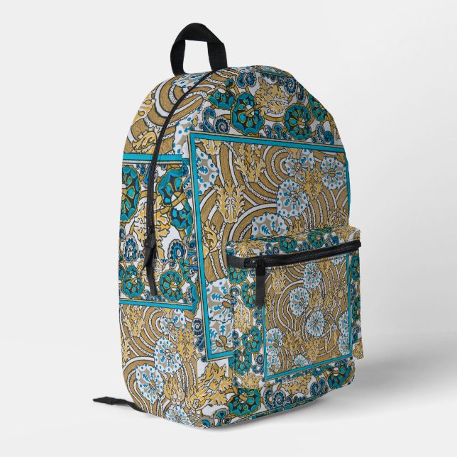 Wallpaper "Cyclamen blue art nouveau" Bedruckter Rucksack (Rückseitige Ecke links)