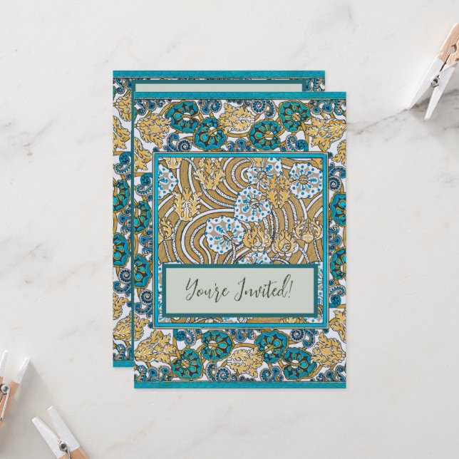 Wallpaper "Cyclamen blue art nouveau" Einladung (Vorderseite/Rückseite Beispiel)