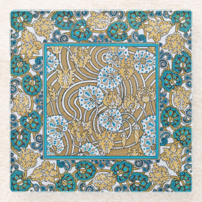 Wallpaper "Cyclamen blue art nouveau" Glasuntersetzer (Vorderseite)