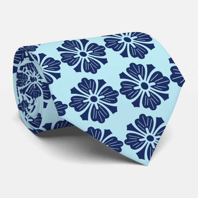 Wallstreet Hibiskus Foulard Aqua & Navy Zweiseitig Krawatte (Gerollt)