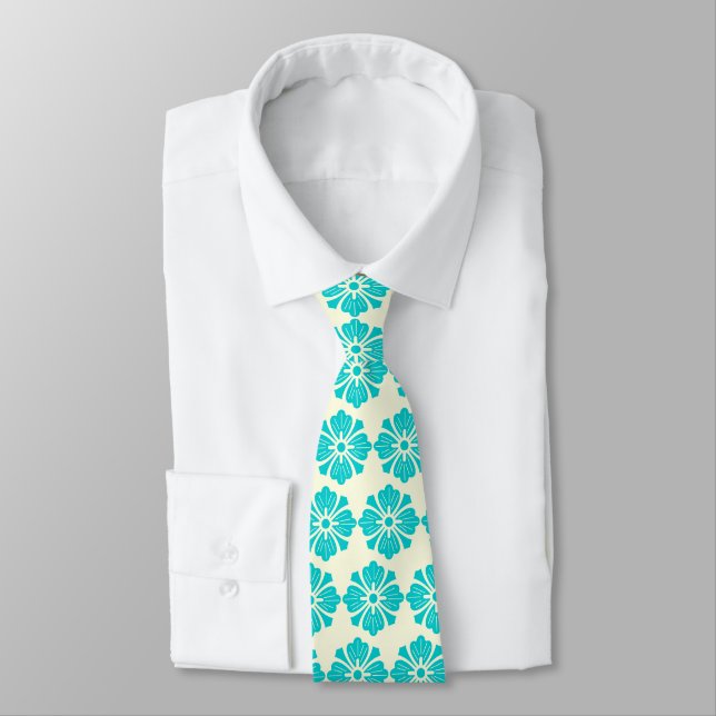 Wallstreet Hibiskus Foulard Ecru & Turq zweiseitig Krawatte (Gebunden)