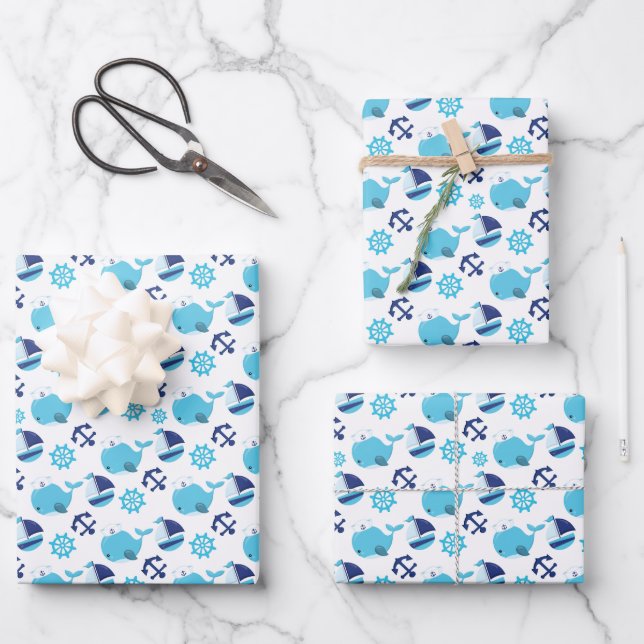 Walmuster, Niedliche Wale, Blauwale Geschenkpapier Set (Vorderseite)