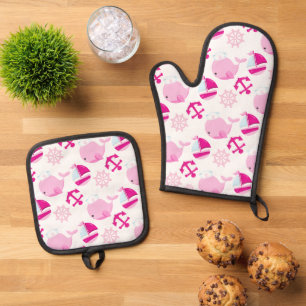 Walmuster, Niedliche Wale, rosa Wale Ofenhandschuh & Topflappen-Set