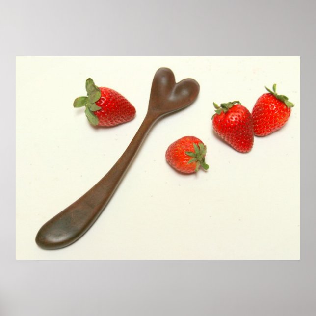 Walnuss Herzlöffel mit Erdbeeren Poster (Vorne)