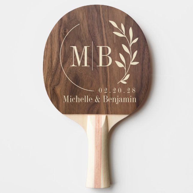 Walnut Wood Leaf Wedding Monogram Tischtennis Schläger (Vorderseite)