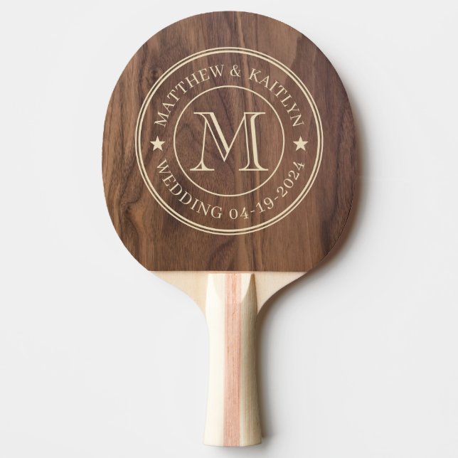Walnut Wood Wedding Monogram Star Tischtennis Schläger (Vorderseite)
