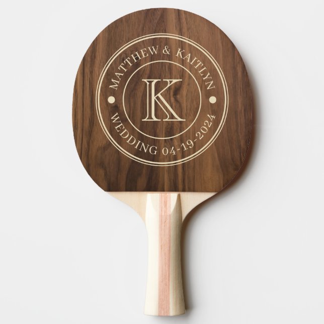 Walnut Wood Wedding Monogram Tischtennis Schläger (Rückseite)
