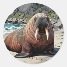 Walross an einem sandigen Strand | Süße Tiere Runder Aufkleber