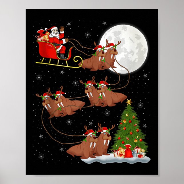 Walrus Santa Sleigh Flying Funny Magical Christmas Poster (Vorne)