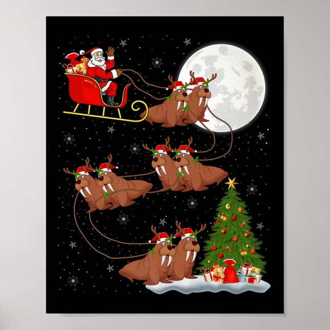 Walrus Santa Sleigh Flying Funny Magical Christmas Poster (Vorne)