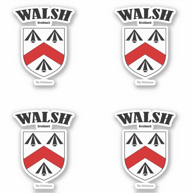 Walsh Wappen Irish Translation & Meaning (x4) Aufkleber (Vorderseite)