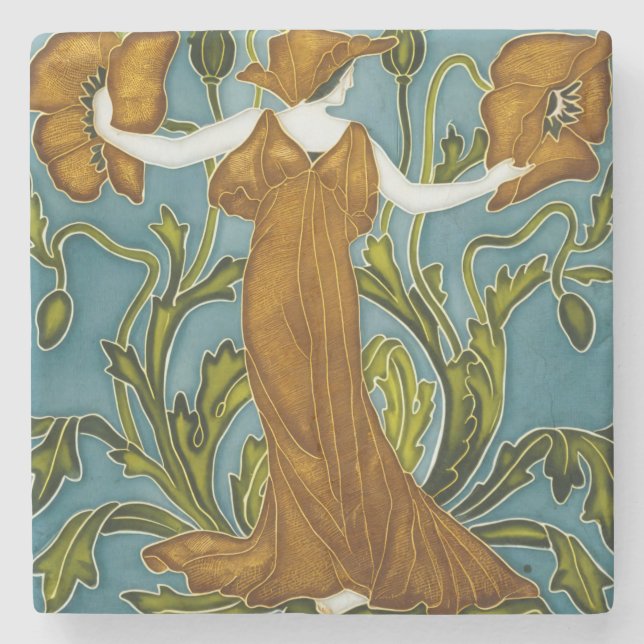 Walter Crane Art Nouveau Mädchen mit Mohnblumen Steinuntersetzer (Vorderseite)