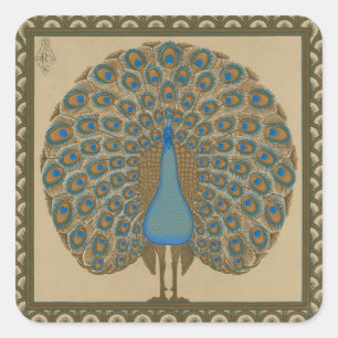 Walter Crane Blue Peacock mit seinem Schwanz Quadratischer Aufkleber