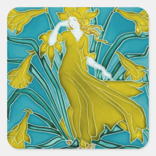 Walter Crane Gelbe Narzisse Art Nouveau Fliese Quadratischer Aufkleber