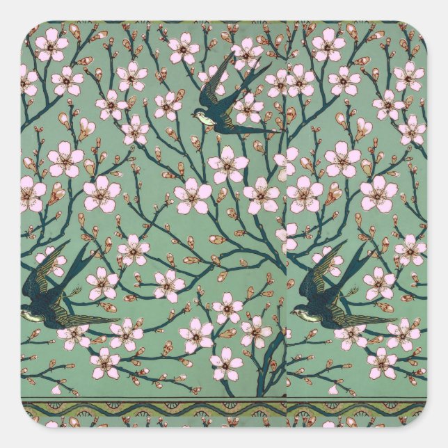 Walter Crane - Swallows and Almond Blossoms Mug Quadratischer Aufkleber (Vorderseite)