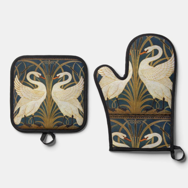 Walter Crane - Swan, Rush and Iris Art Nouveau Ofenhandschuh & Topflappen-Set (Vorderseite)