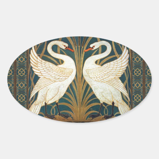Walter Crane Swan, Rush and Iris Art Nouveau Ovaler Aufkleber (Vorderseite)