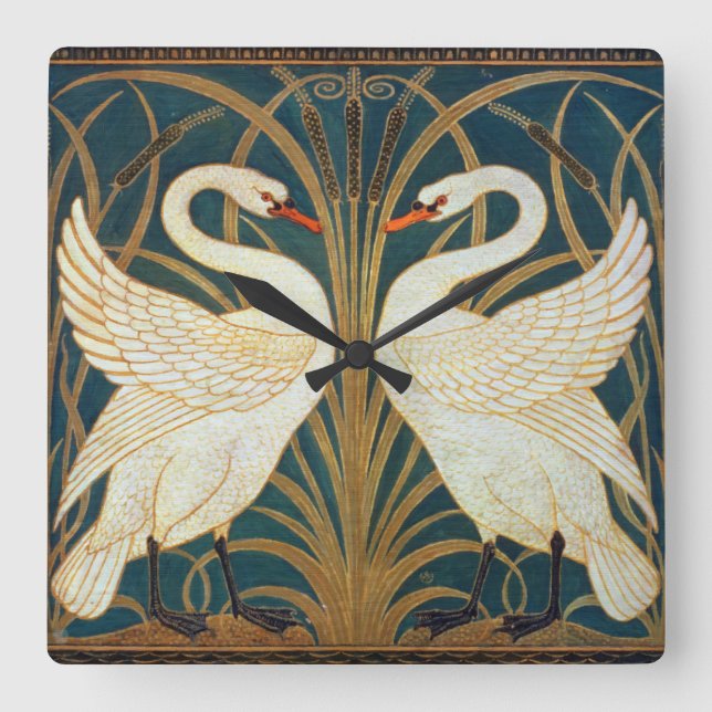 Walter Crane Swan, Rush and Iris Art Nouveau Quadratische Wanduhr (Vorderseite)