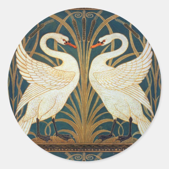 Walter Crane Swan, Rush and Iris Art Nouveau Runder Aufkleber (Vorderseite)