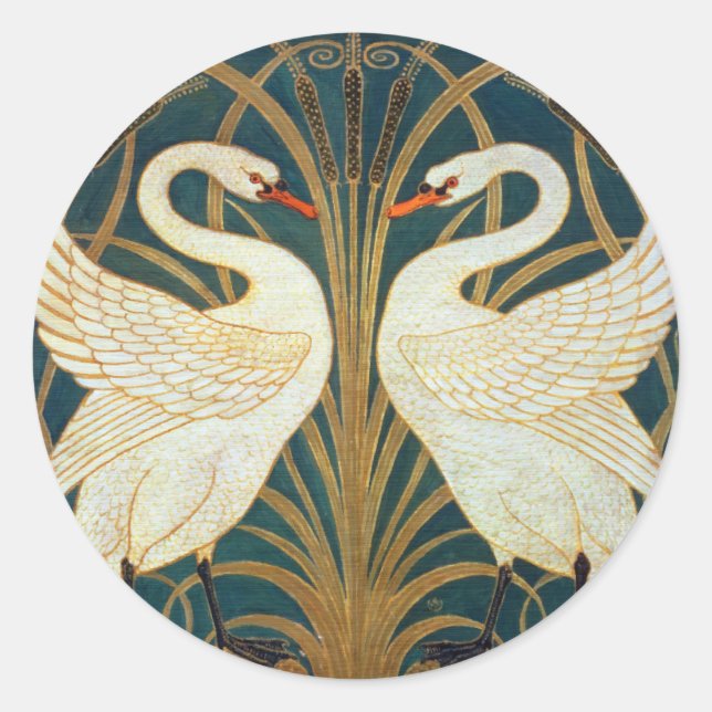 Walter Crane Swan, Rush and Iris Art Nouveau Runder Aufkleber (Vorderseite)