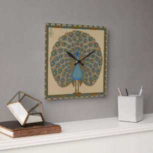 Walter Crane Vintage Gold Blau Pfau Kunst Quadratische Wanduhr