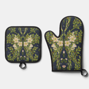 Walter Crane Vintage Navy Weißes Lilienmuster Ofenhandschuh & Topflappen-Set