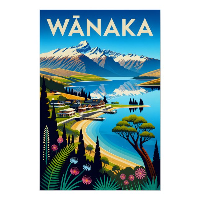 Wānaka Neuseeland Retro-Reiseposter-Kunst Poster (Vorderseite)