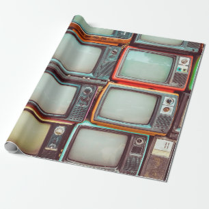Wand aus einem Stapel bunter Retro-Fernseher Geschenkpapier
