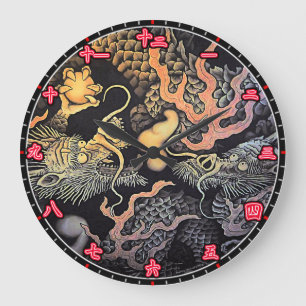 Wand-Uhr-Drache-Tempel-japanische Kanji-Ziffern Große Wanduhr