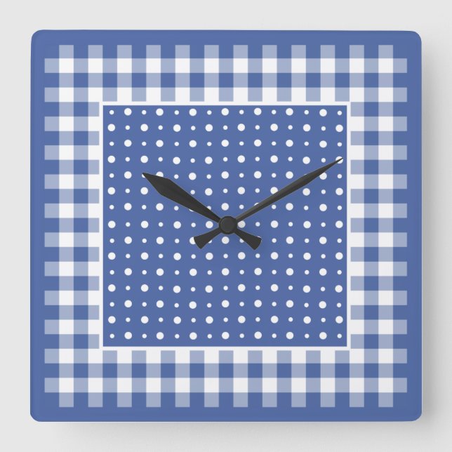 Wand-Uhr, dunkelblaue Polka-Punkte, Karo-Gingham Quadratische Wanduhr (Vorderseite)