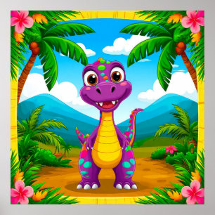 Wandbild Cartoon-Dinosaurier im tropischen Dschung Poster