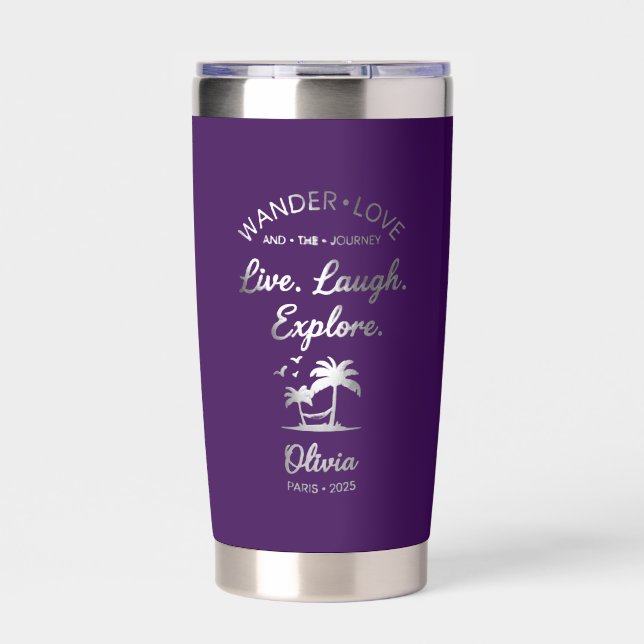 Wander Liebe, Live Laugh Explore, Lila Isoliert  Thermobecher (Vorderseite)