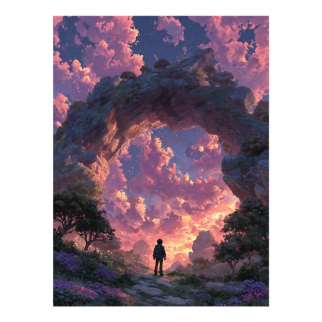 Wanderer beim Sonnenuntergangs-Torbogen Fantasy-La Fotodruck (Vorne)