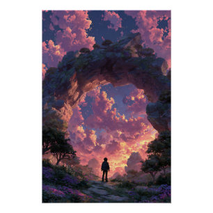 Wanderer beim Sonnenuntergangs-Torbogen Fantasy-La Poster